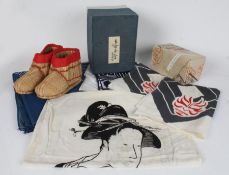 Japanese ephemera to include stacking lacquered bento boxes, pair of woven boots, green tea box,
