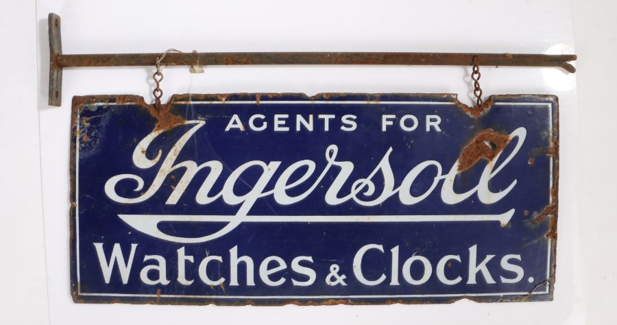 Double sided hanging enamel sign, the blue ground with white lettering,  "AGENTS FOR Ingersoll