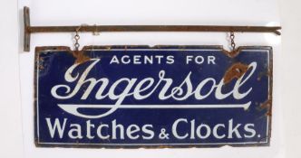 Double sided hanging enamel sign, the blue ground with white lettering,  "AGENTS FOR Ingersoll