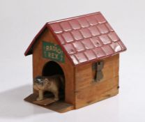 1920's Radio Rex celluloid voice activated dog, with wooden and tin kennel, patented 1922