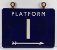LNER blue enamel double sided platform sign, "PLATFORM 1" above an arrow, with two steel ring