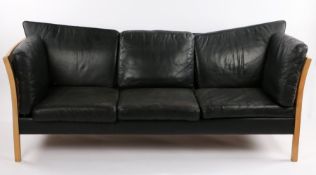 Stouby black leather three seater settee, with show-wood frame, 203cm wide, 78cm high, 78cm deep