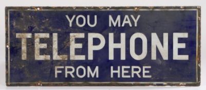 Double enamel sign, the blue ground with white lettering YOU MAY TELEPHONE FROM HERE 56cm x 23cm