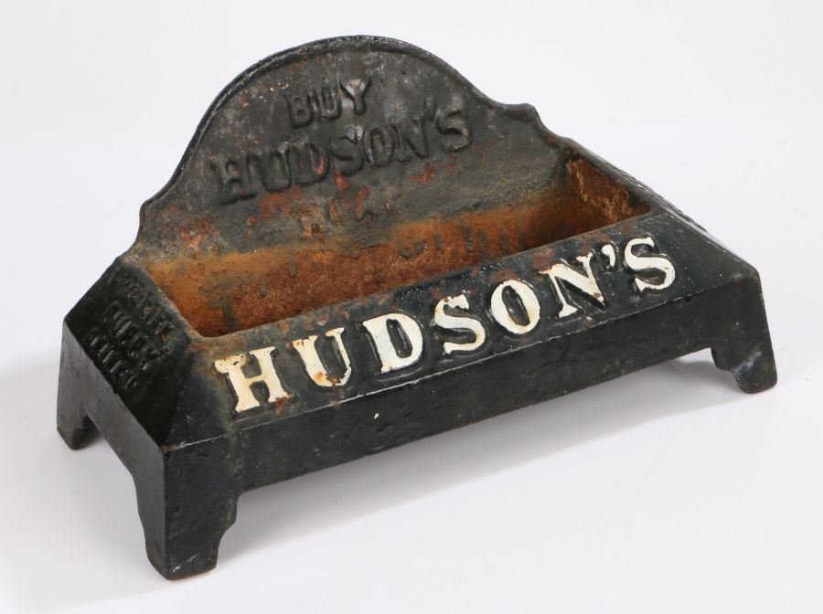Cast iron Hudson's Soap dog water bowl, the back panel with raised lettering "BUY HUDSON'S SOAP",