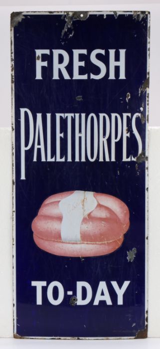 Enamel advertising sign, "FRESH PALETHORPES TO-DAY", with central depiction of sausages, 38cm x
