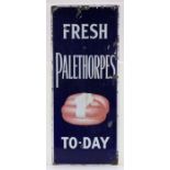 Enamel advertising sign, "FRESH PALETHORPES TO-DAY", with central depiction of sausages, 38cm x