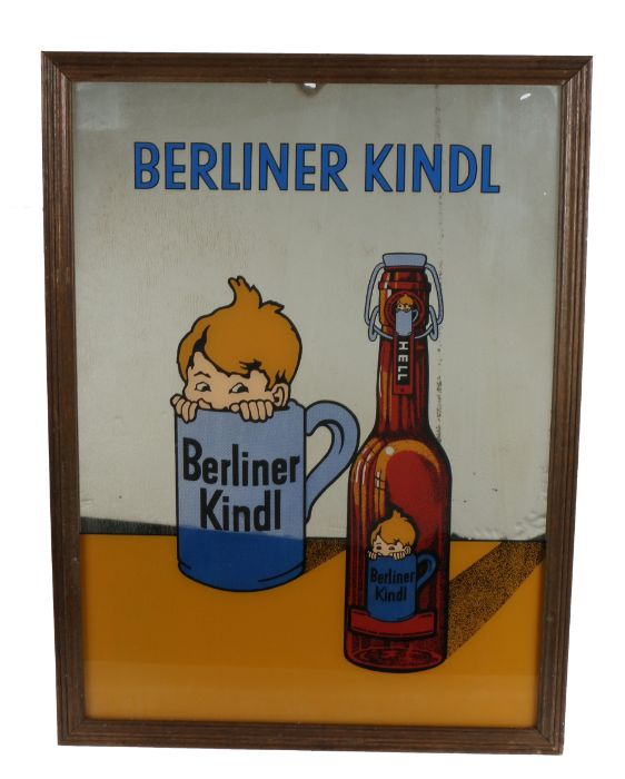 Advertising mirror, "BERLINER KINDL", with depiction of a bottle and mug with young boy peeping over