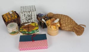 Japanese ephemera to include lacquered sake bowls, food packaging, pottery duck etc. (qty)