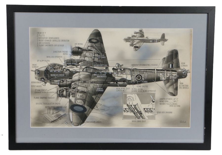 Leslie H Shepherd, original cutaway ink, pencil and watercolour study of a WWII Stirling bomber,