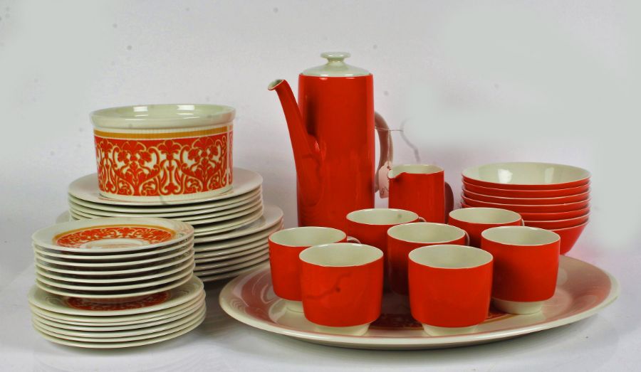 Royal Doulton 'Seville' seven piece coffee and dinner set, in bright orange and white with a