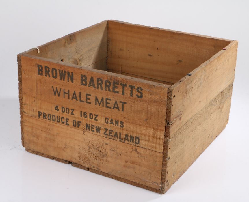 Brown Barretts Whale Meat storage box, the box for 4 doz 16oz cans, produce of New Zealand