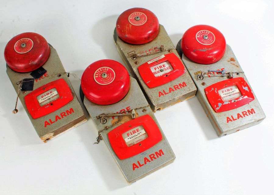 Four Waterloo fire alarms, by Read and Campbell Ltd., all with hammers, approx. 39cm tall (4)