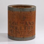 Colman's Poultry Mustard 9lbs storage jar, with a metal rim and wooden body, 24.5cm high