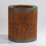 Colman's Poultry Mustard 9lbs storage jar, with a metal rim and wooden body, 24.5cm high