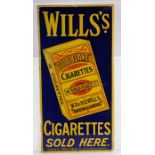 Enamel advertising sign, "WILLS'S CIGARETTES SOLD HERE", with central depiction of a packet of