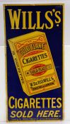 Enamel advertising sign, "WILLS'S CIGARETTES SOLD HERE", with central depiction of a packet of