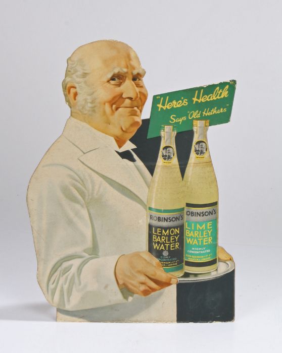 Advertising card, Robinsons barley water, "Here's Health Says Old Hethers", depicting a butler