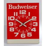 Budweiser, a 1980's advertising clock, Signet Graphic Products Inc, April 86 label to the reverse,