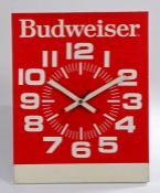 Budweiser, a 1980's advertising clock, Signet Graphic Products Inc, April 86 label to the reverse,