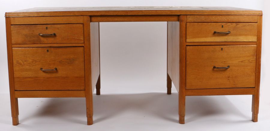 Mid 20th Century oak desk, with leatherette inset top above two drawers to each pedestal, 167cm