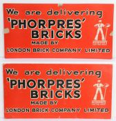 Two cardboard advertising signs "We are delivering 'PHORPRES BRICKS MADE BY LONDON BRICK COMPANY