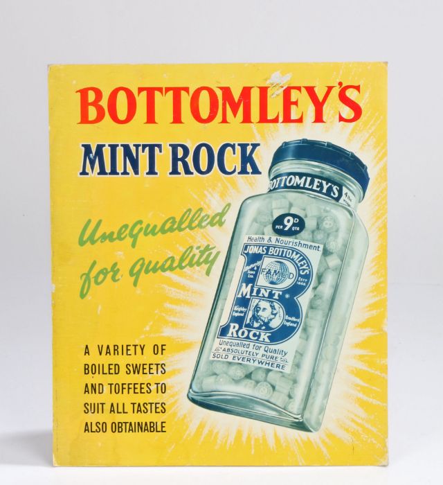 Advertising card, "BOTTOMLEY'S MINT ROCK unequalled for quality A VARIETY OF BOILED SWEETS AND