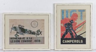 Two rare Spanish Civil War ration token perforated posters, one depicting a soldier and farmer