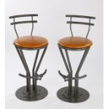 Pair of Morris Contract Furniture "Splash" stools, the curved metal rail backs above circular