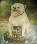 Extremely large 20th century oil painting on canvas, depicting a Staffordshire bull terrier with