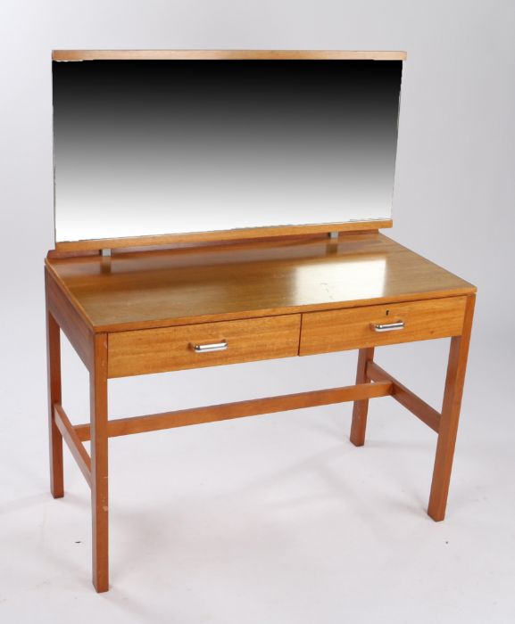 Mid 20th Century teak dressing table, the rectangular mirror above a base with two frieze drawers,