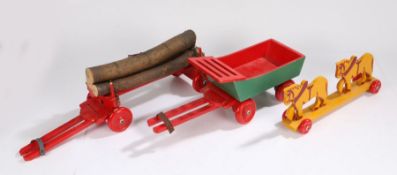 Shackleton Toys, to include a red and green painted wagon, 38cm long and, a log wagon painted on red