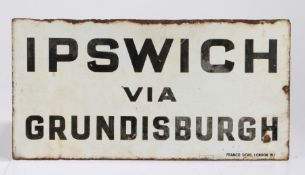 Mid 20th Century enamel sign, Ipswich via Grundisburgh to one side, and Melton via Grundisburgh to