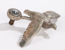 White metal bonnet ornament depicting a grouse in flight, 18cm wide, 16cm long,