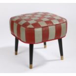 Sherborne mid 20th century stool, the red and grey chequer effect leatherette seat raised on four