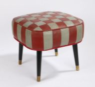 Sherborne mid 20th century stool, the red and grey chequer effect leatherette seat raised on four