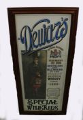 Advertising mirror, "DEWARS SPECIAL WHISKIES", with depiction of a Scotsman, framed, 42.5cm x 93cm