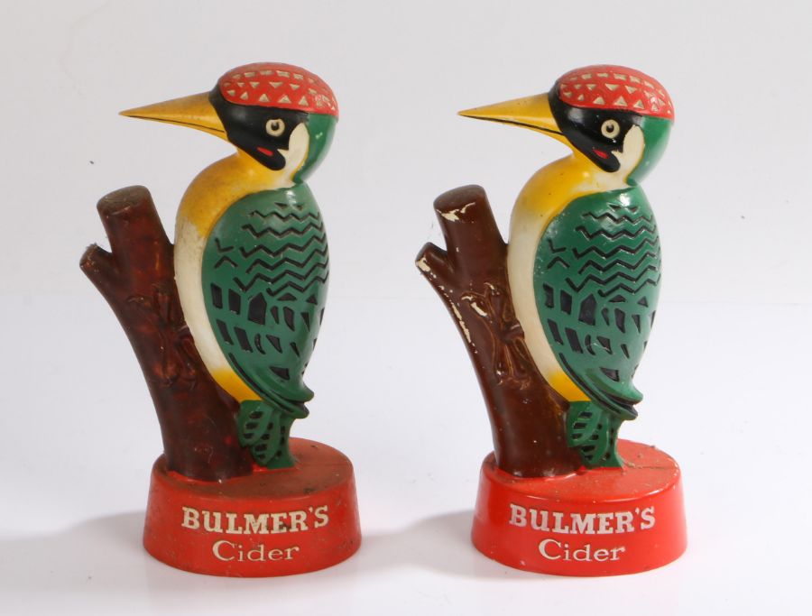 Bulmer's Cider, two bar top advertising woodpeckers, the woodpeckers raised on red named bases, 20cm
