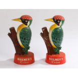 Bulmer's Cider, two bar top advertising woodpeckers, the woodpeckers raised on red named bases, 20cm