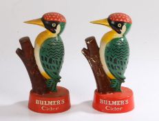 Bulmer's Cider, two bar top advertising woodpeckers, the woodpeckers raised on red named bases, 20cm