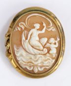 19th Century cameo broch, carved with a figure riding a shell and a cherub playing a horn in