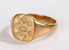 9 carat gold signet ring, with the assay marks used as the design to the head, 3.3 grams, ring