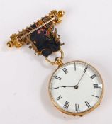 18ct gold ladies open face pocket watch, the white enamel dial with Roman numerals, key wound, the