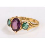 Victorian amethyst and emerald ring, the central amethyst flanked by emeralds, 1.9 grams, ring