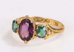 Victorian amethyst and emerald ring, the central amethyst flanked by emeralds, 1.9 grams, ring