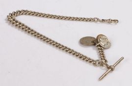 Silver graduated pocket watch chain, with T bar and three American coin pendants, 37cm long 2.2oz