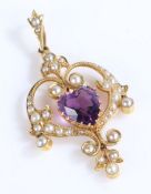 15 carat gold amethyst and pearl pendant, with a central heart shaped amethyst with pearls in a