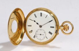 18 carat gold half hunter pocket watch by Ross of Winchester, the case with blue enamelled Roman