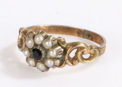Victorian pearl set ring, the central stone with a pearl surround forming a flower head flanked by C