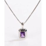 18 carat white gold pendant necklace, the pendant set with a emerald cut amethyst, the pendant