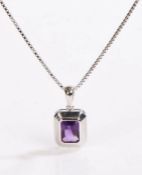 18 carat white gold pendant necklace, the pendant set with a emerald cut amethyst, the pendant